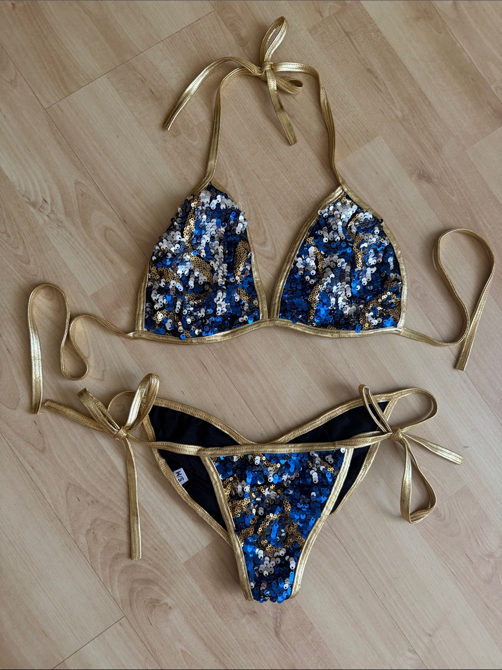 Gold-Trim Sequin Bikini Set - Blue, Gold, Silver